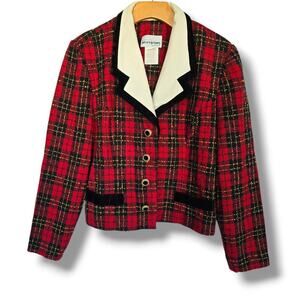 PETITE PERCEPTIONS by Irene B. Vintage Plaid Blazer Size 12P Red Black Gold
